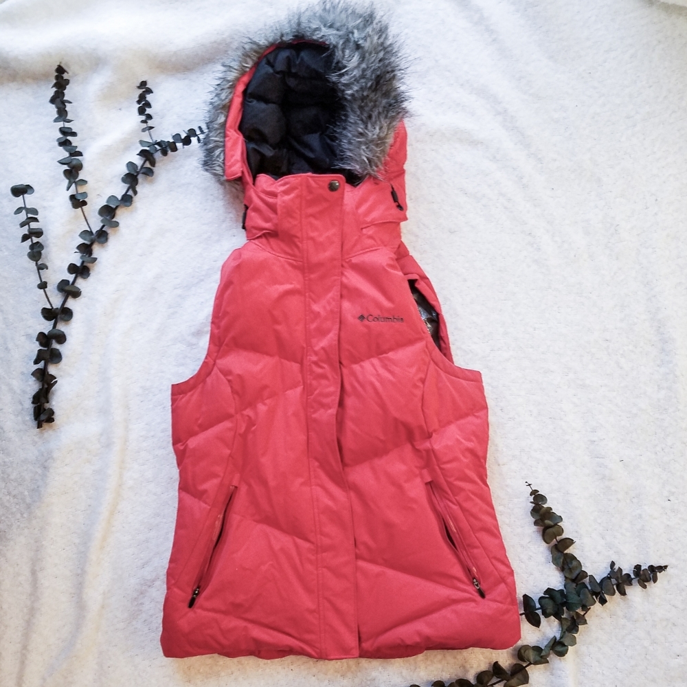 COLUMBIA Women's Red Puffer Vest W/ Fur Lined Hood